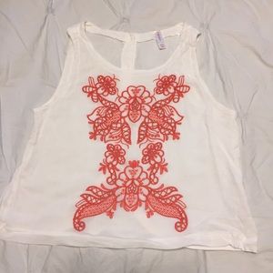 Coral and White Embroidered Crop Top
